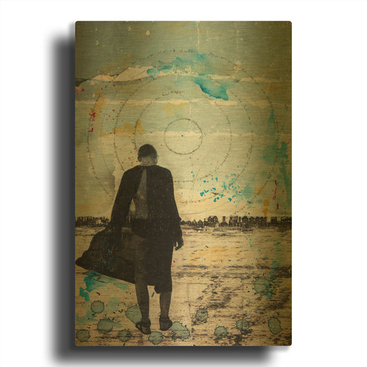 'Girl Wandering Landscape On Paper' By DB Waterman Gold Metal Wall Art