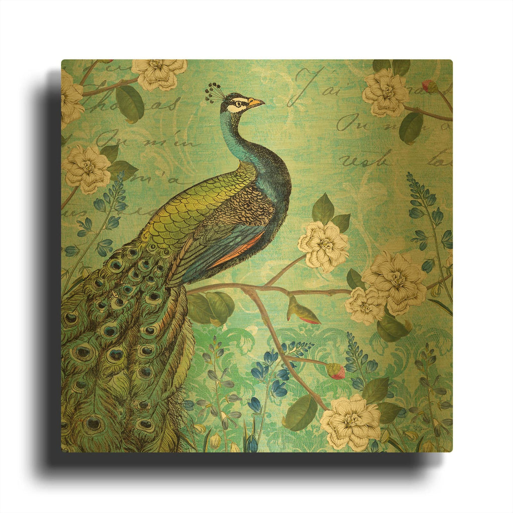 'Peacock Arbor V Blue' By Sue Schlabach Gold Metal Wall Art