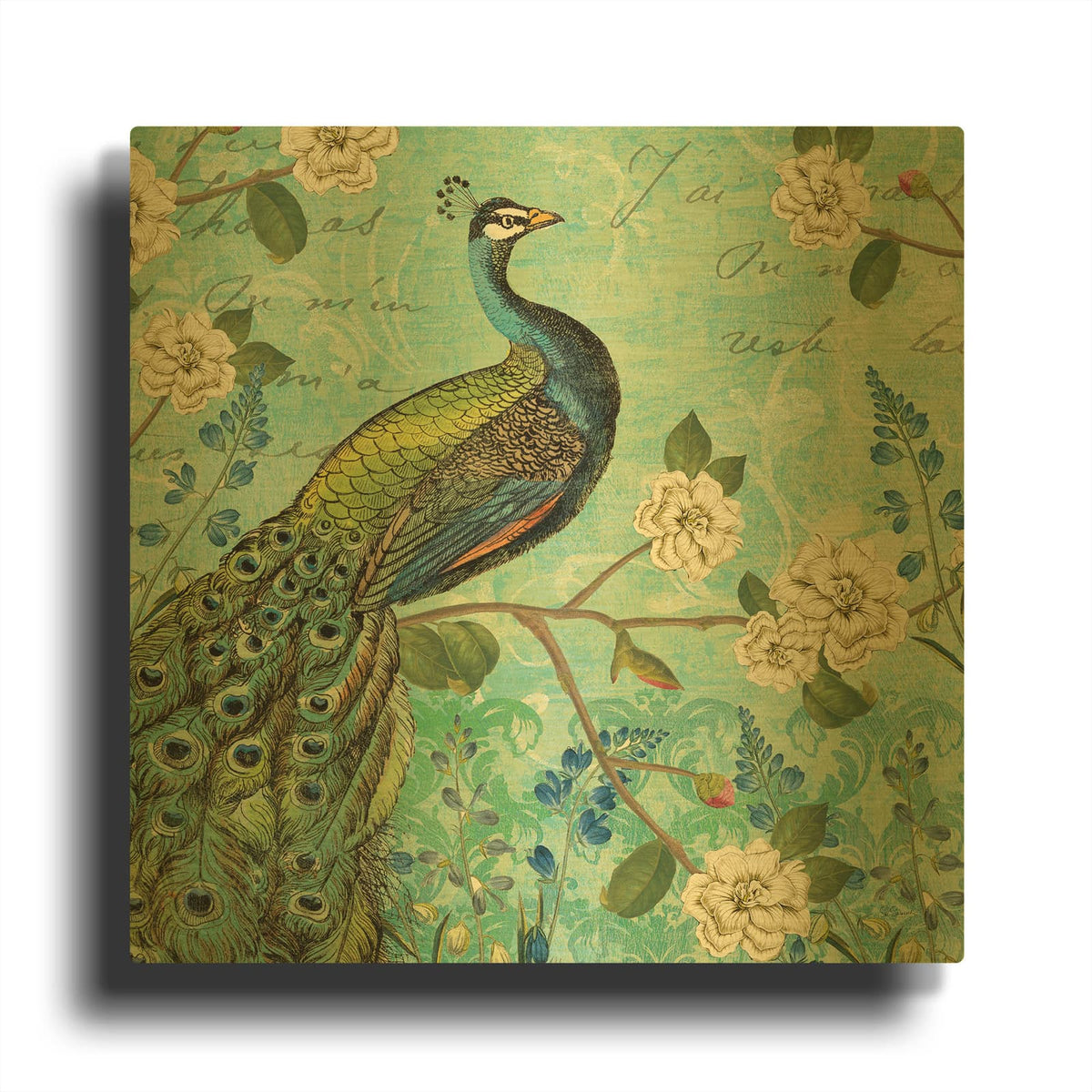 'Peacock Arbor V Blue' By Sue Schlabach Gold Metal Wall Art