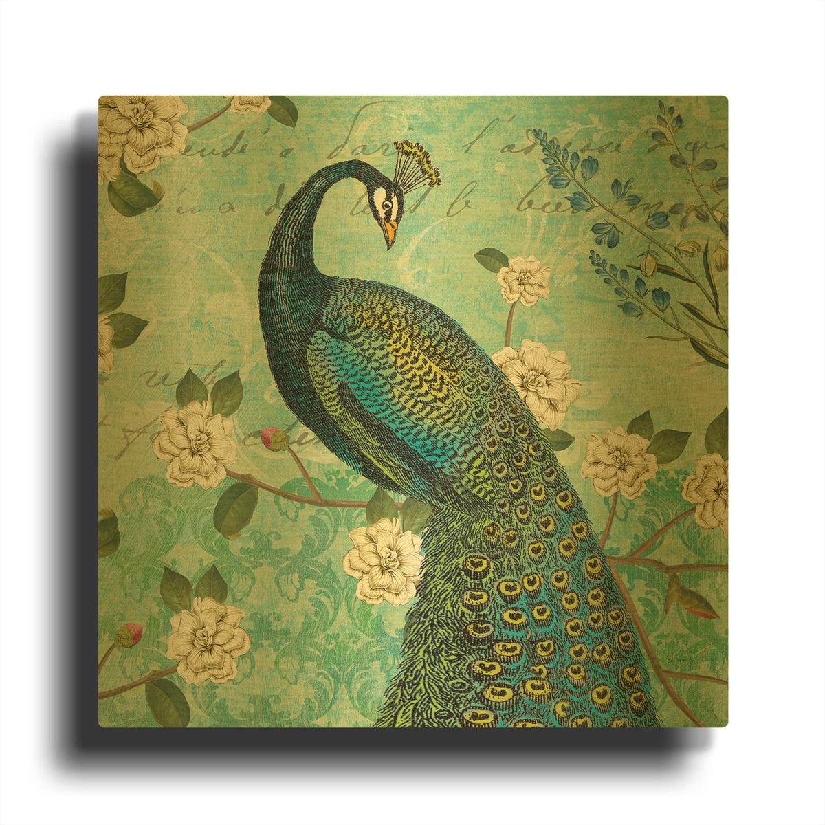 'Peacock Arbor VI Blue' By Sue Schlabach Gold Metal Wall Art