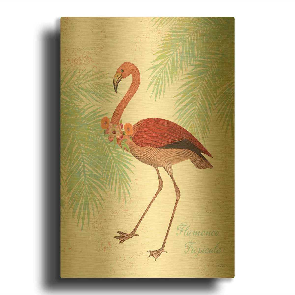 'Flamingo Tropicale II' By Sue Schlabach Gold Metal Wall Art