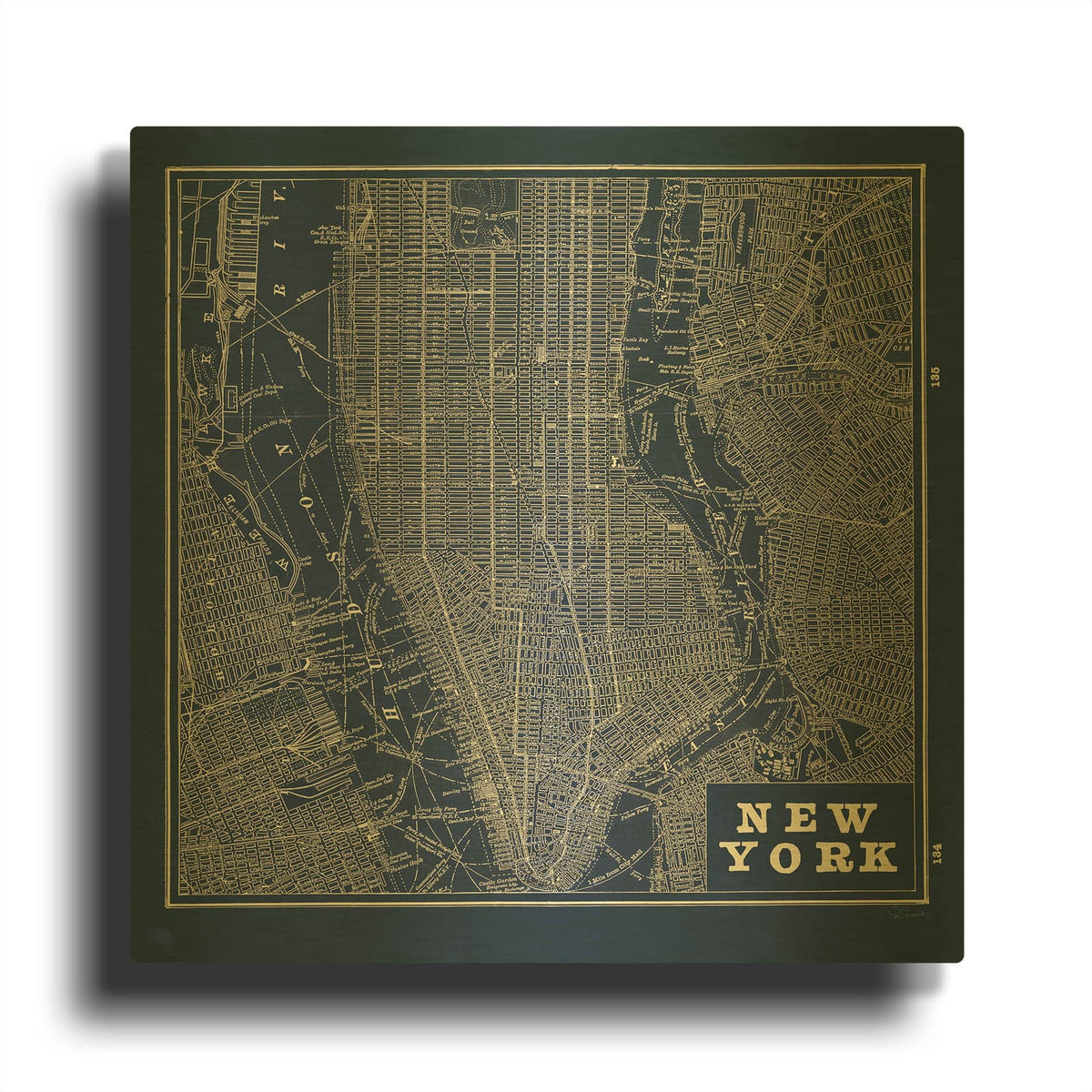 'Blueprint Map New York Square' By Sue Schlabach Gold Metal Wall Art