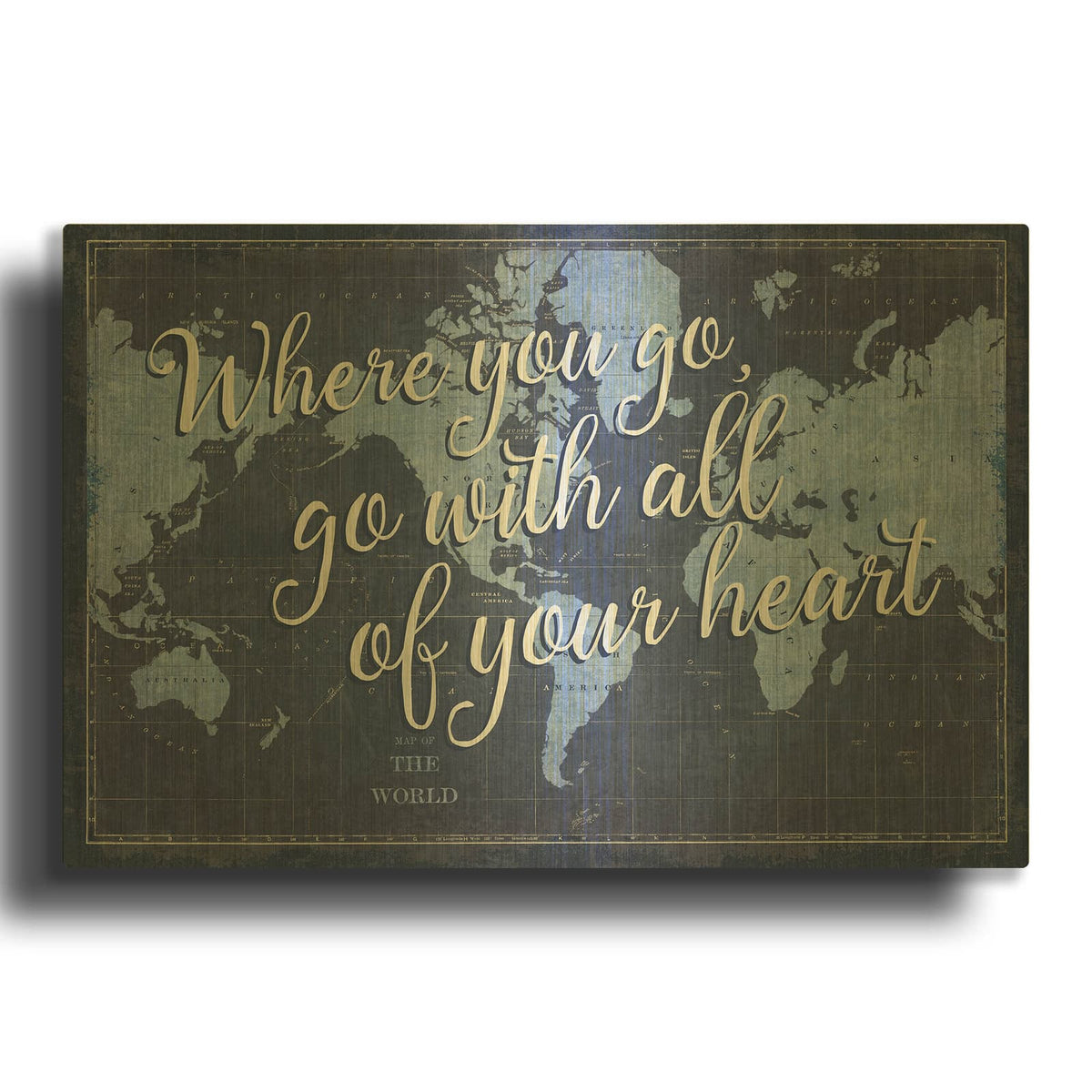 'Blueprint World Map Heart' By Sue Schlabach Gold Metal Wall Art