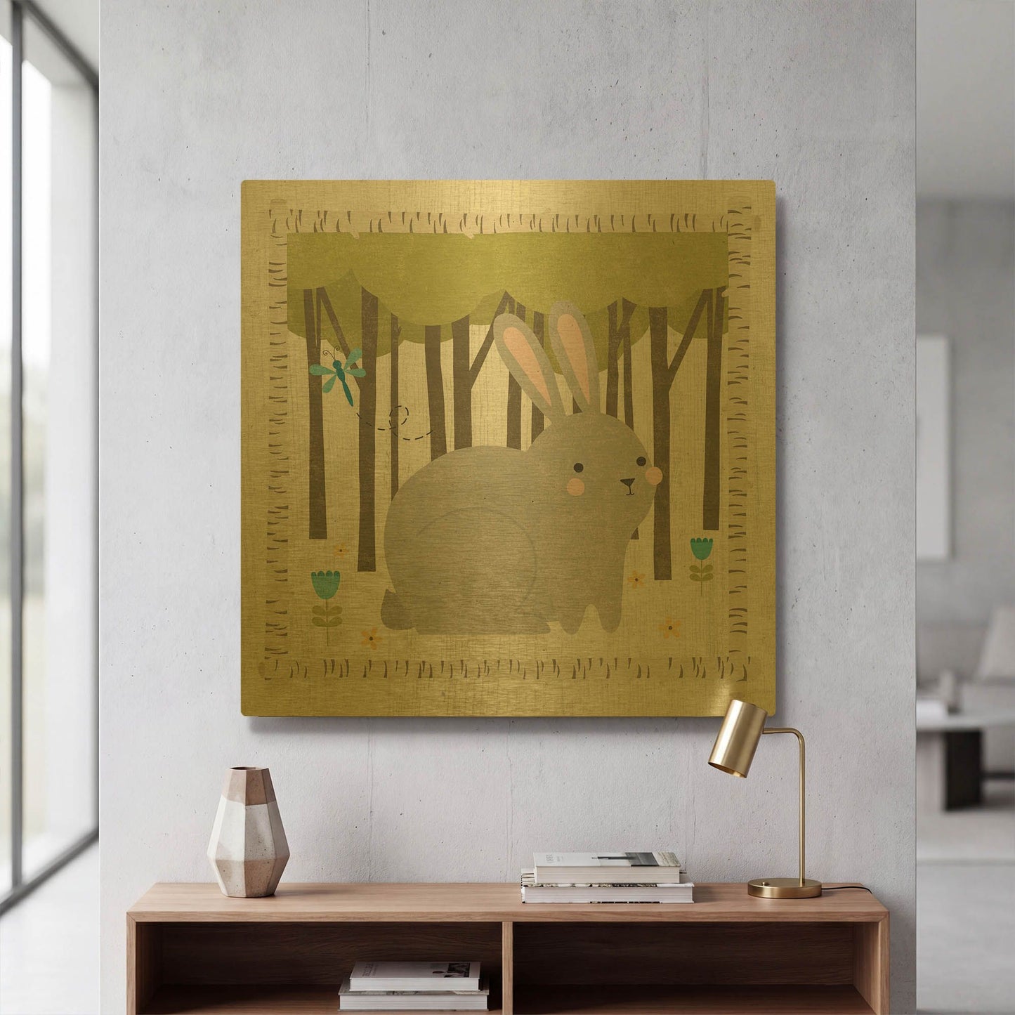 'Wood Land Hideaway Bunny' By Moira Hershey Gold Metal Wall Art