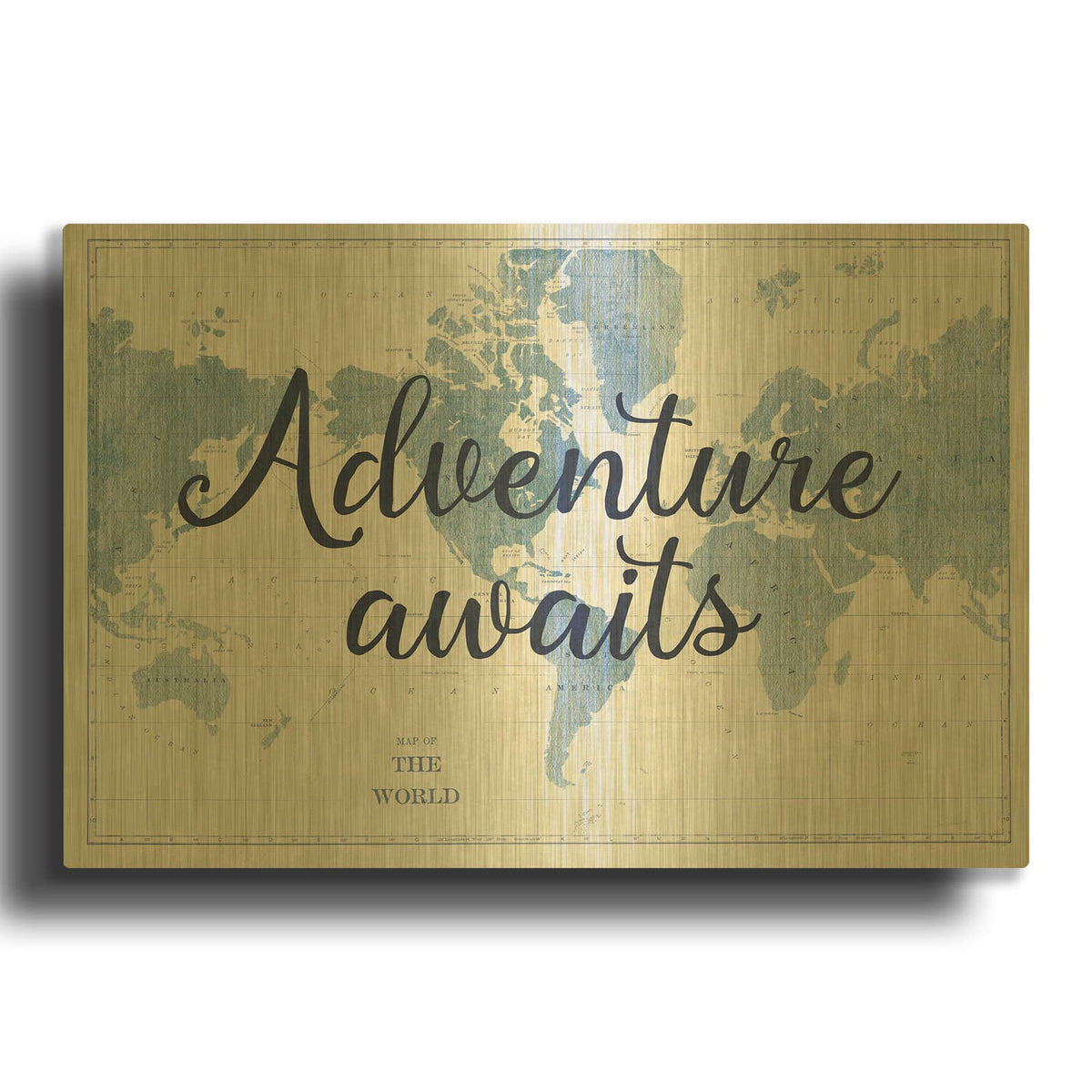 'World Map White and Blue v2' By Sue Schlabach Gold Metal Wall Art