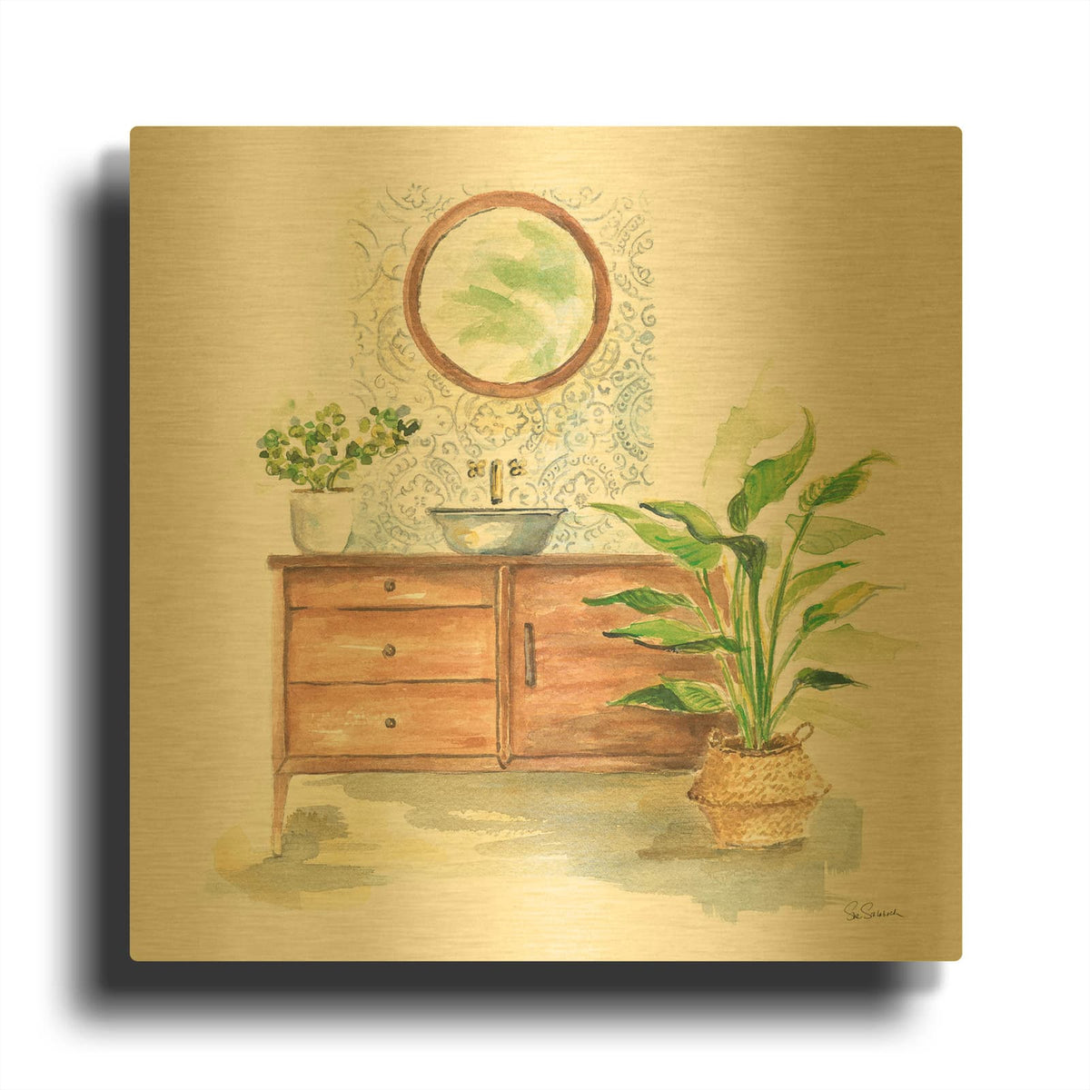 'Greenery Bath I' By Sue Schlabach Gold Metal Wall Art