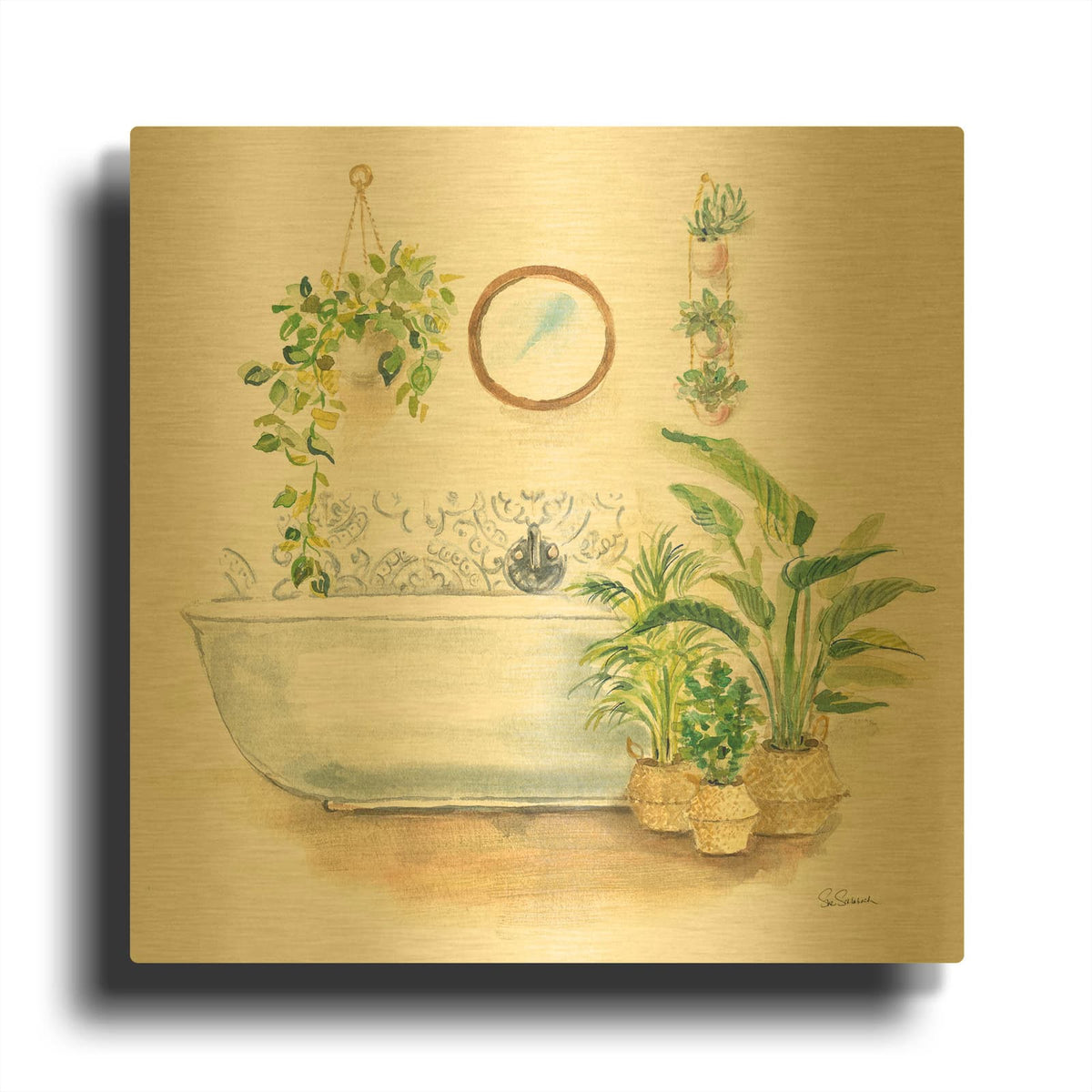 'Greenery Bath II' By Sue Schlabach Gold Metal Wall Art