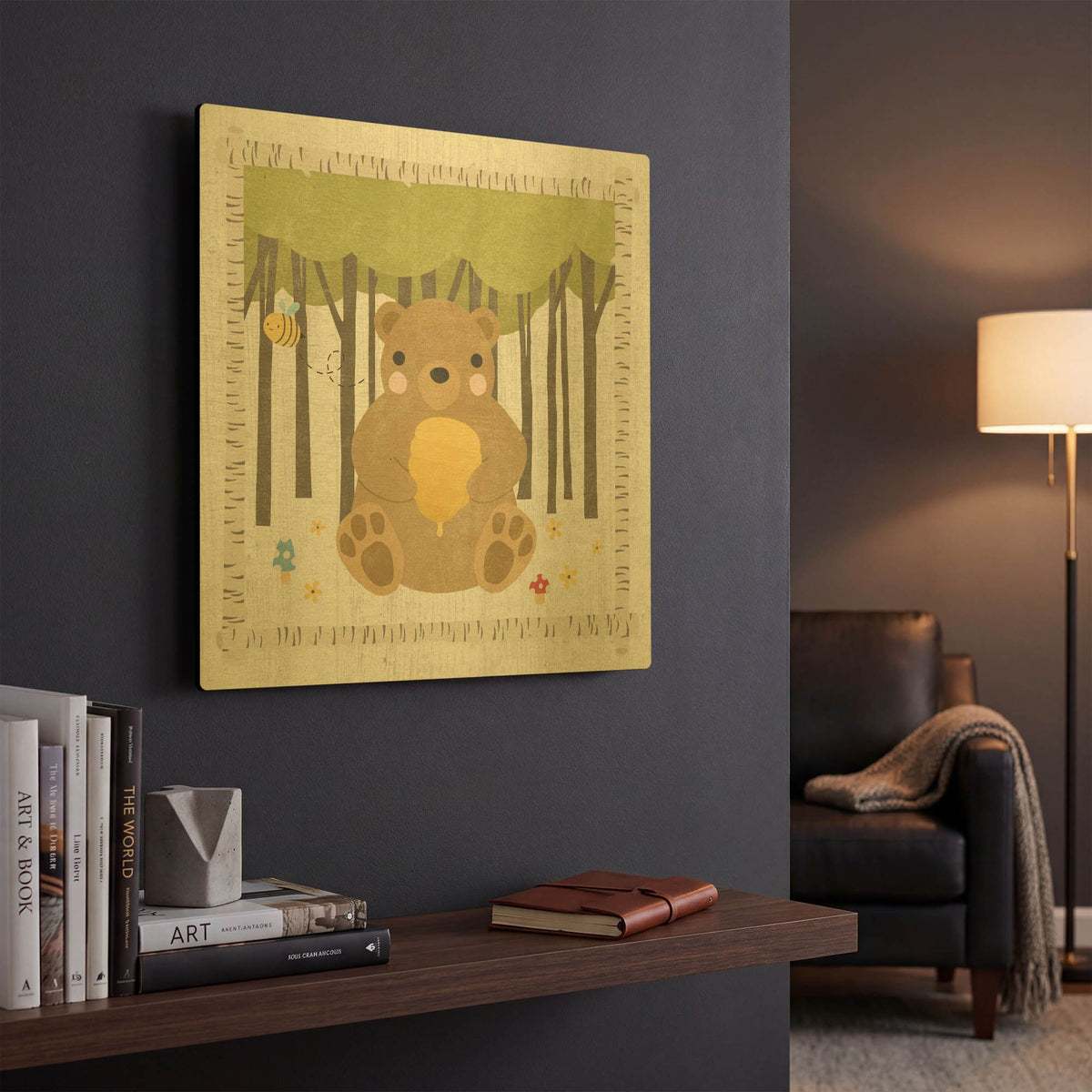 'Wood Land Hideaway Bear' By Moira Hershey Gold Metal Wall Art