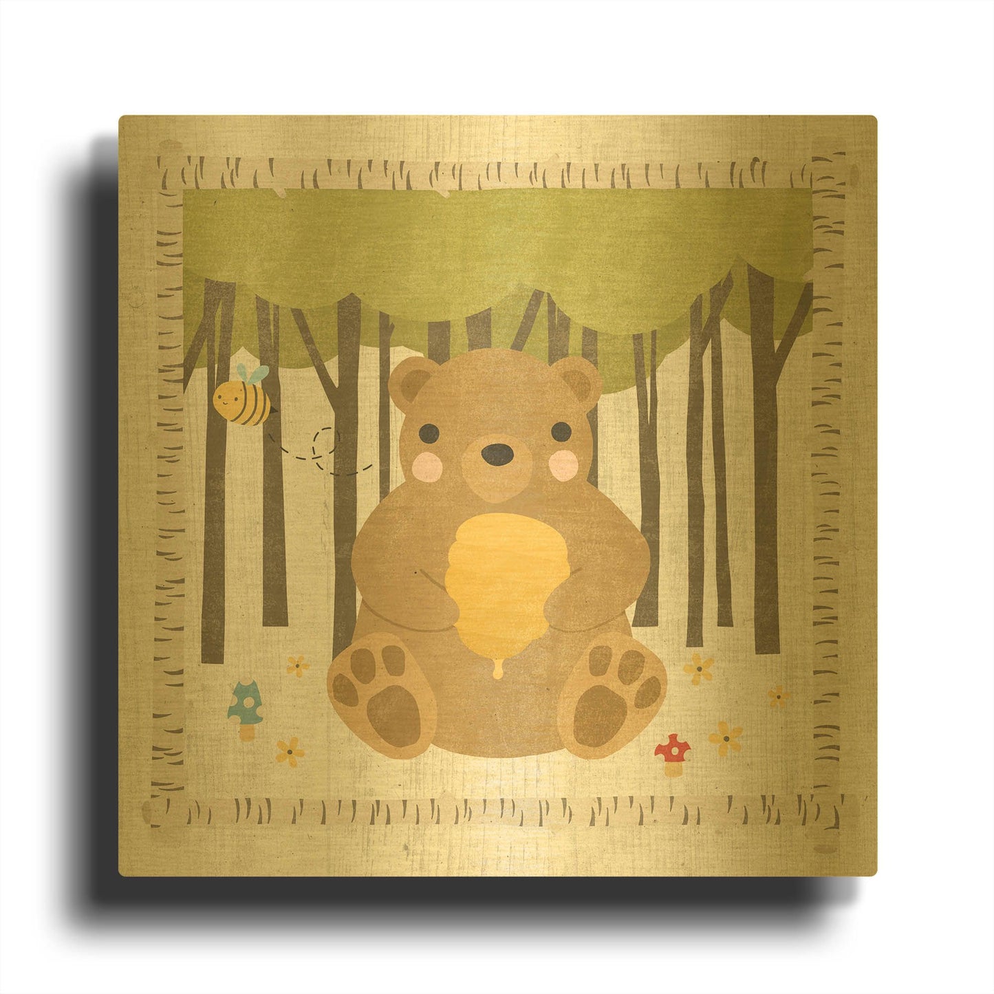 'Wood Land Hideaway Bear' By Moira Hershey Gold Metal Wall Art