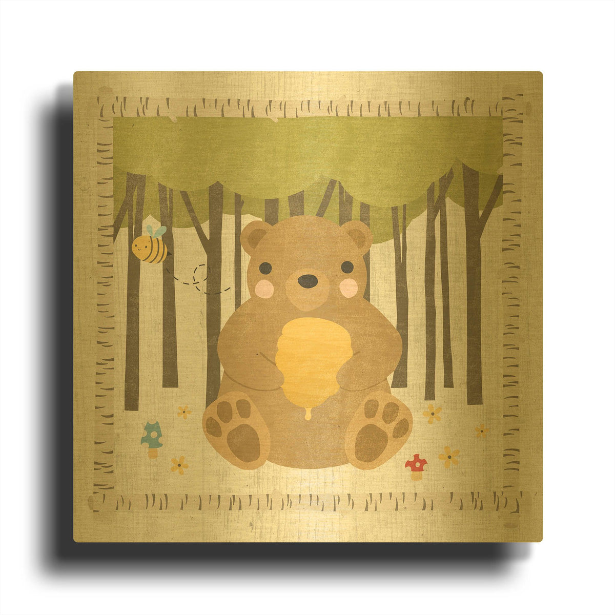 'Wood Land Hideaway Bear' By Moira Hershey Gold Metal Wall Art