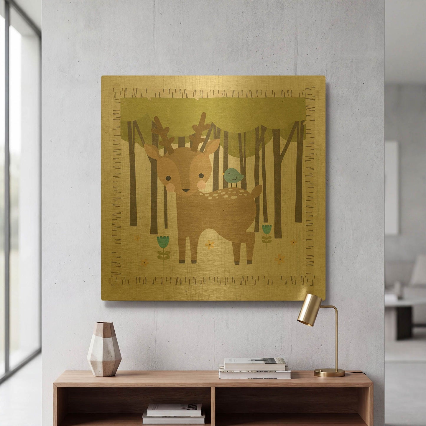 'Wood Land Hideaway Deer' By Moira Hershey Gold Metal Wall Art
