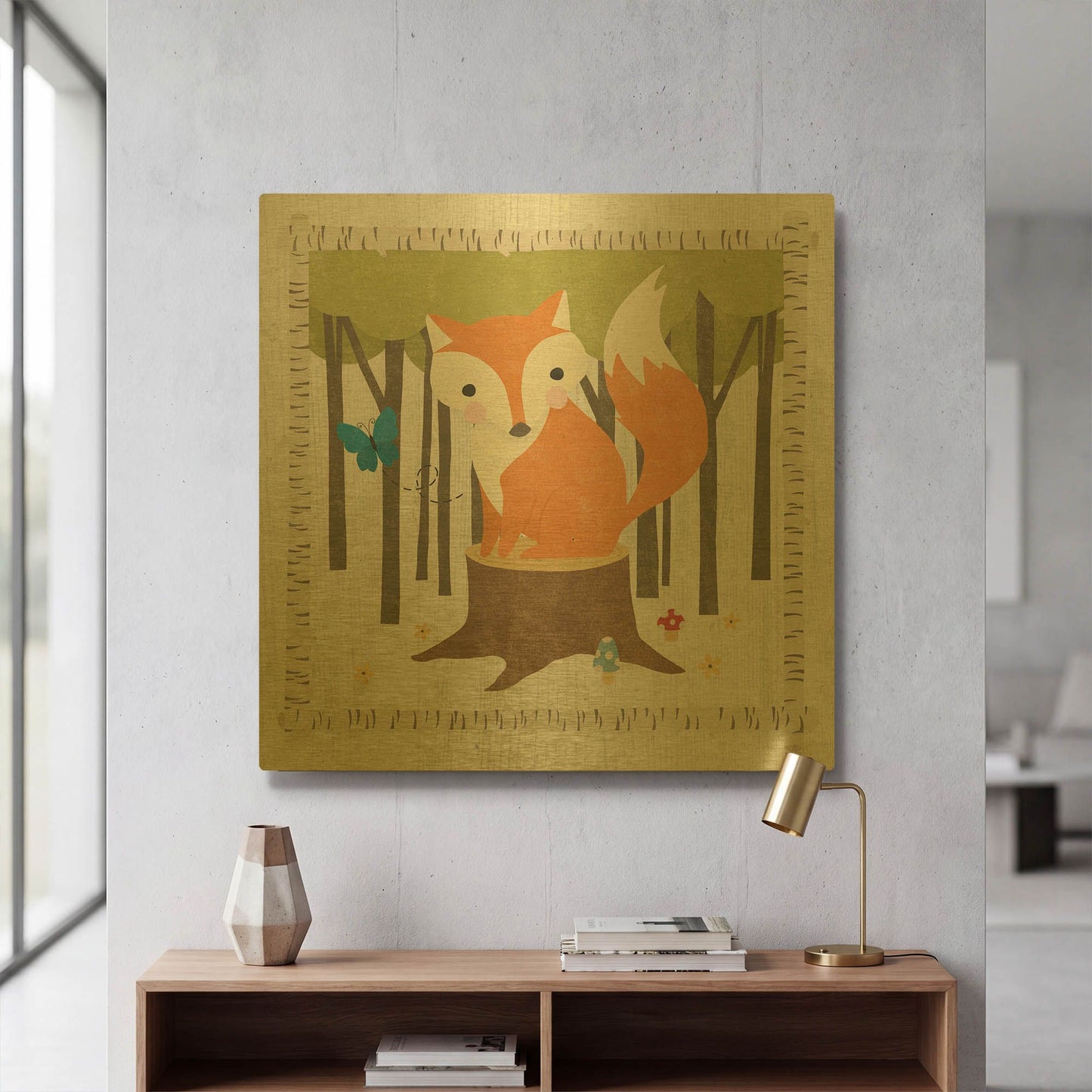 'Wood Land Hideaway Fox' By Moira Hershey Gold Metal Wall Art