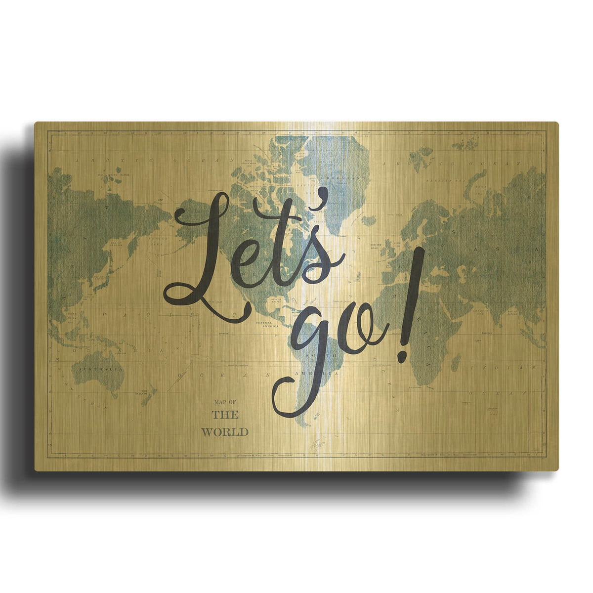 'Blueprint World Map Lets Go' By Sue Schlabach Gold Metal Wall Art