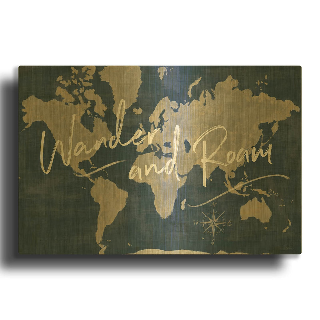 'World Map Collage Deep Wander' By Sue Schlabach Gold Metal Wall Art