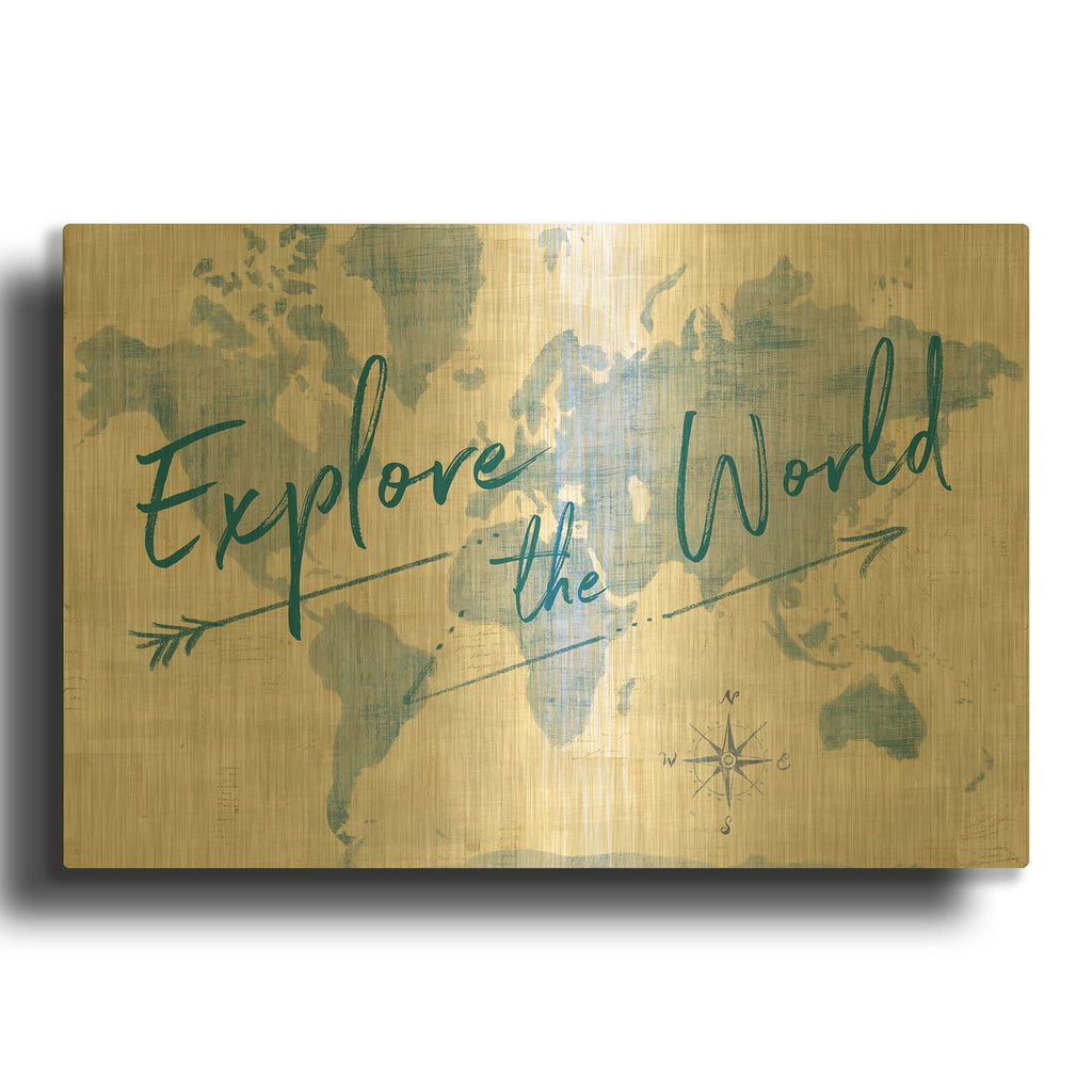 'World Map Collage Explore' By Sue Schlabach Gold Metal Wall Art