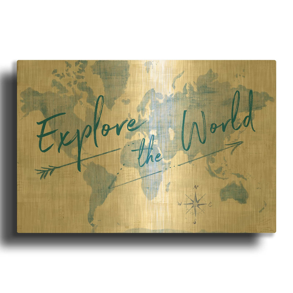 'World Map Collage Explore' By Sue Schlabach Gold Metal Wall Art