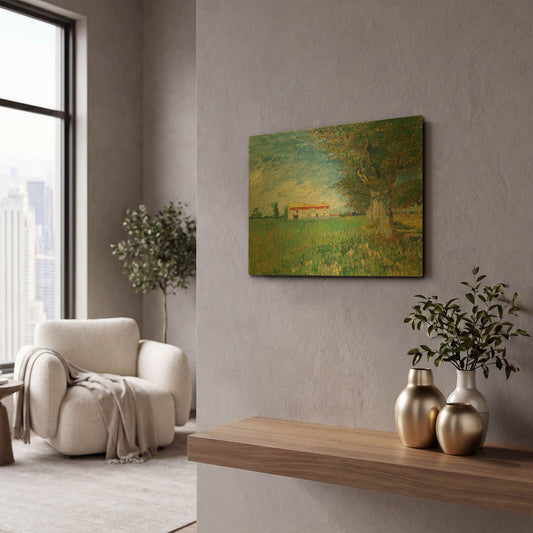 'Farmhouse In A Wheatfield' By Vincent Van Gogh Gold Metal Wall Art