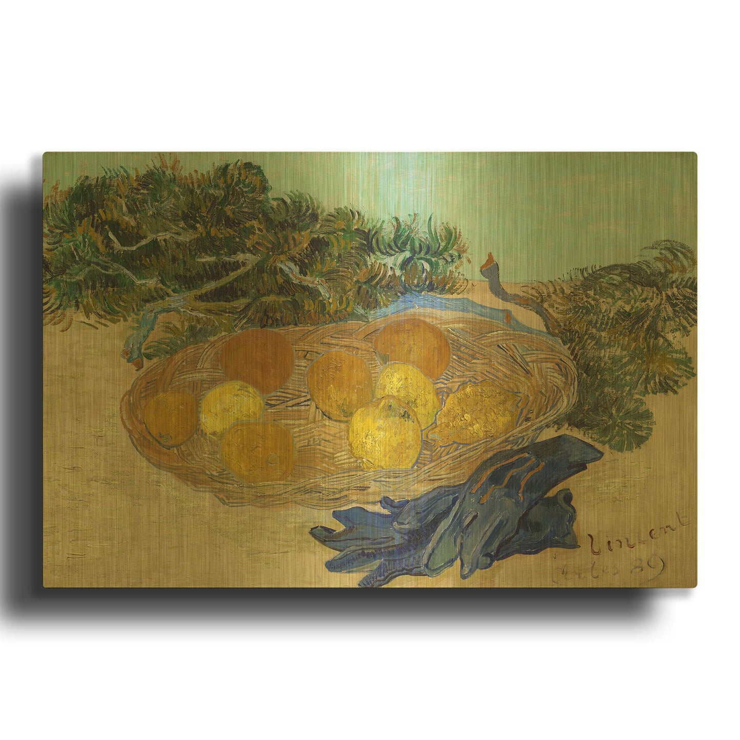 'Still Life Of Oranges And Lemons With Blue Gloves' By Vincent Van Gogh Gold Metal Wall Art