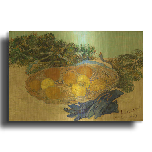 'Still Life Of Oranges And Lemons With Blue Gloves' By Vincent Van Gogh Gold Metal Wall Art