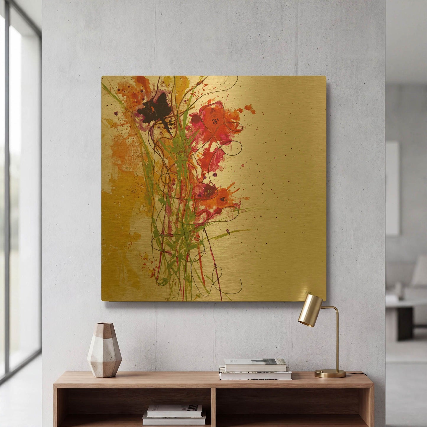 'Flower Tango on White' By Jan Griggs Gold Metal Wall Art