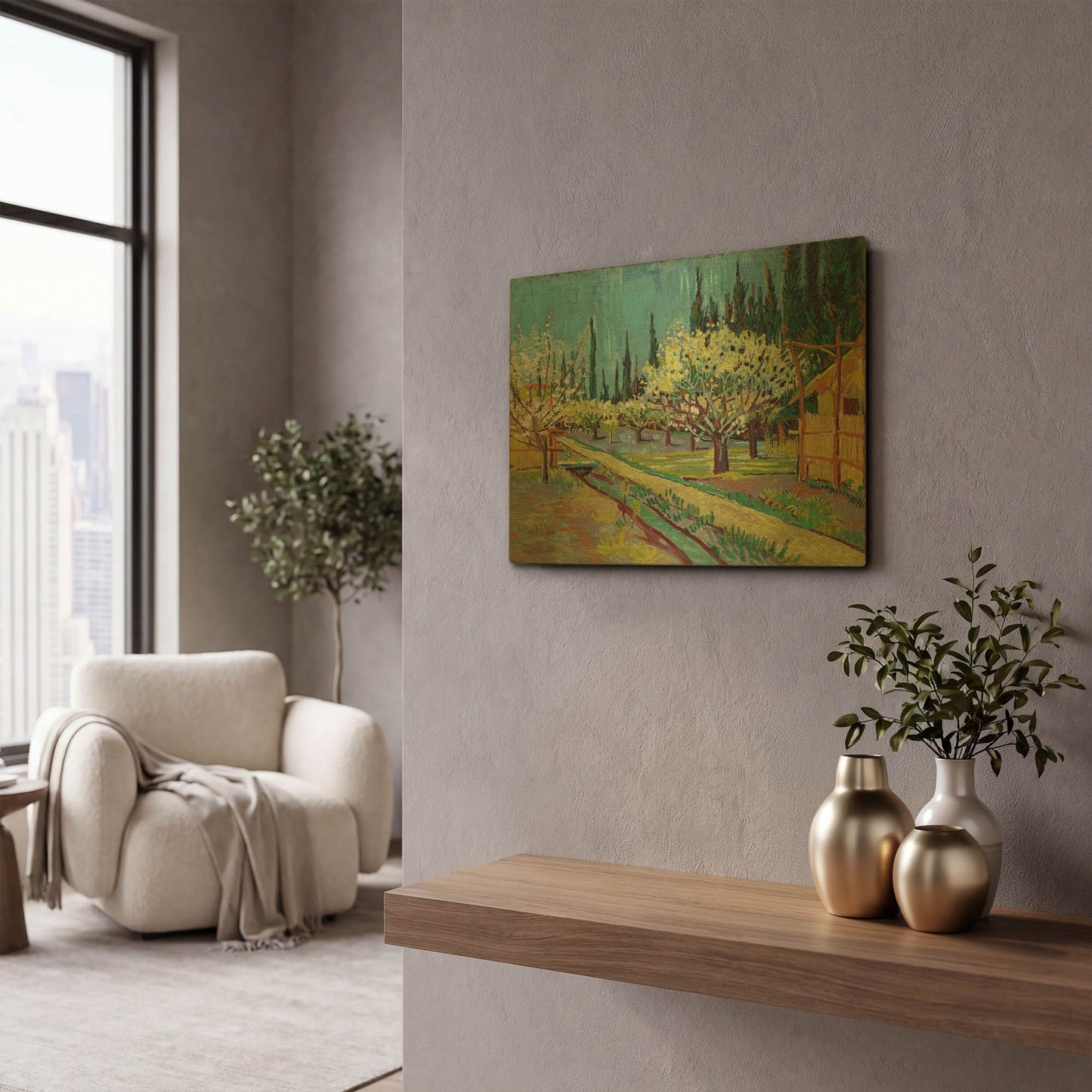 'Orchard Bordered By Cypresses' By Vincent Van Gogh Gold Metal Wall Art