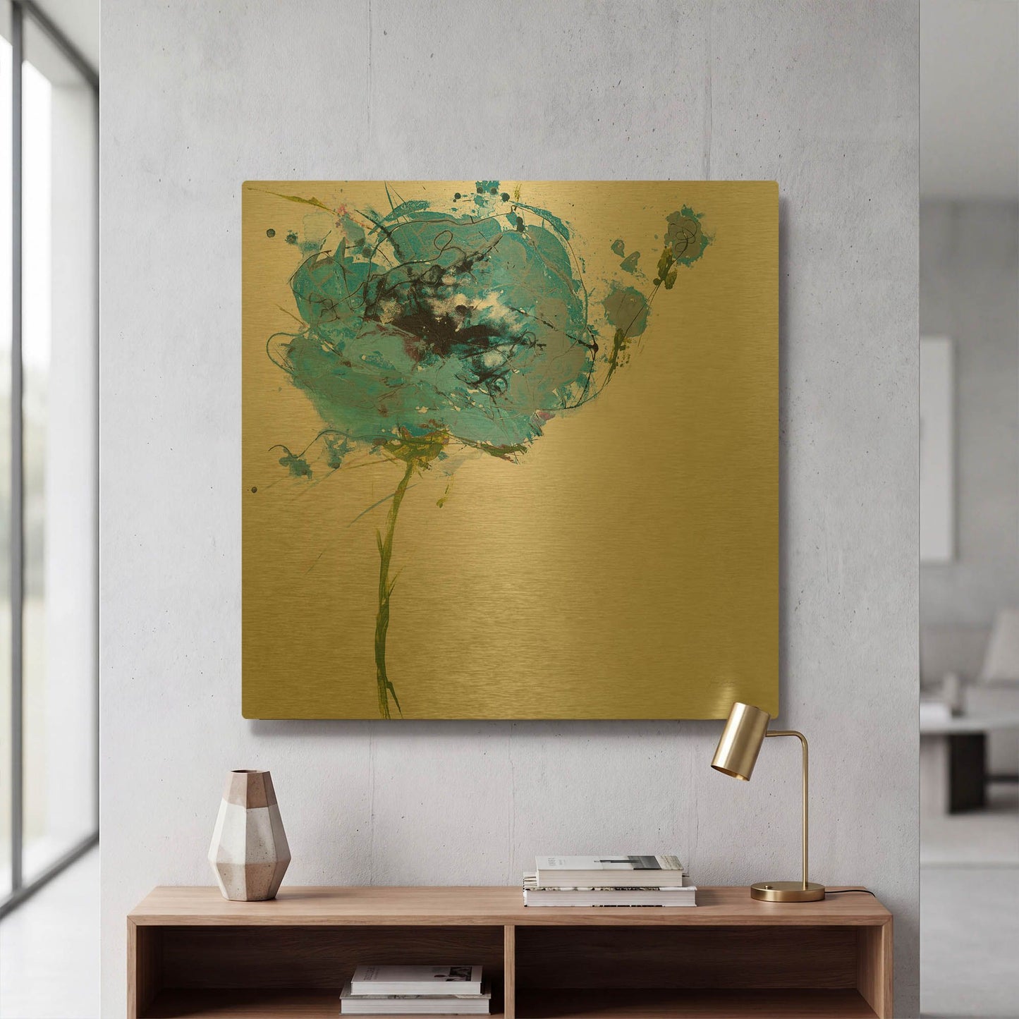 'Turquoise Poppy Master on White' By Jan Griggs Gold Metal Wall Art