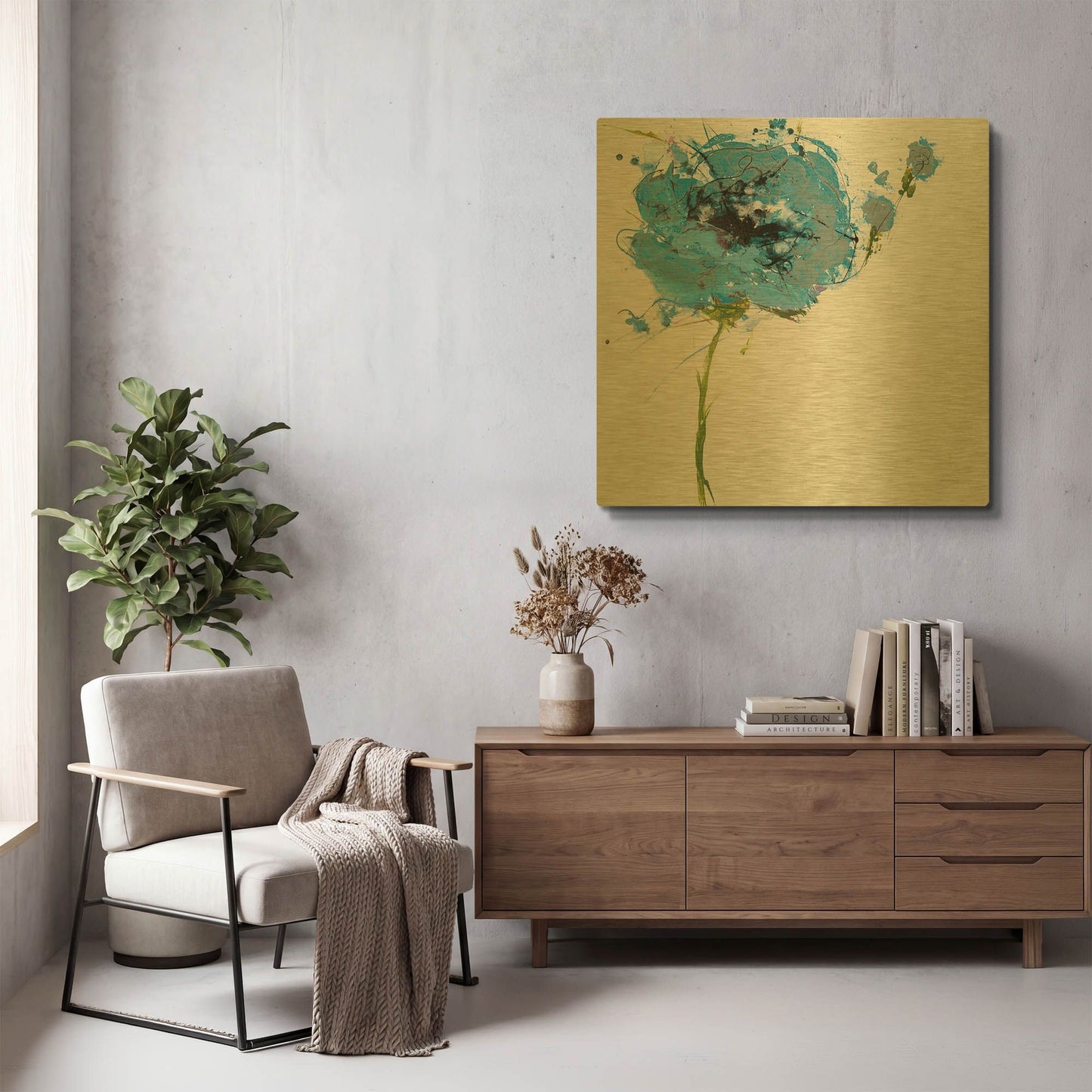 'Turquoise Poppy Master on White' By Jan Griggs Gold Metal Wall Art