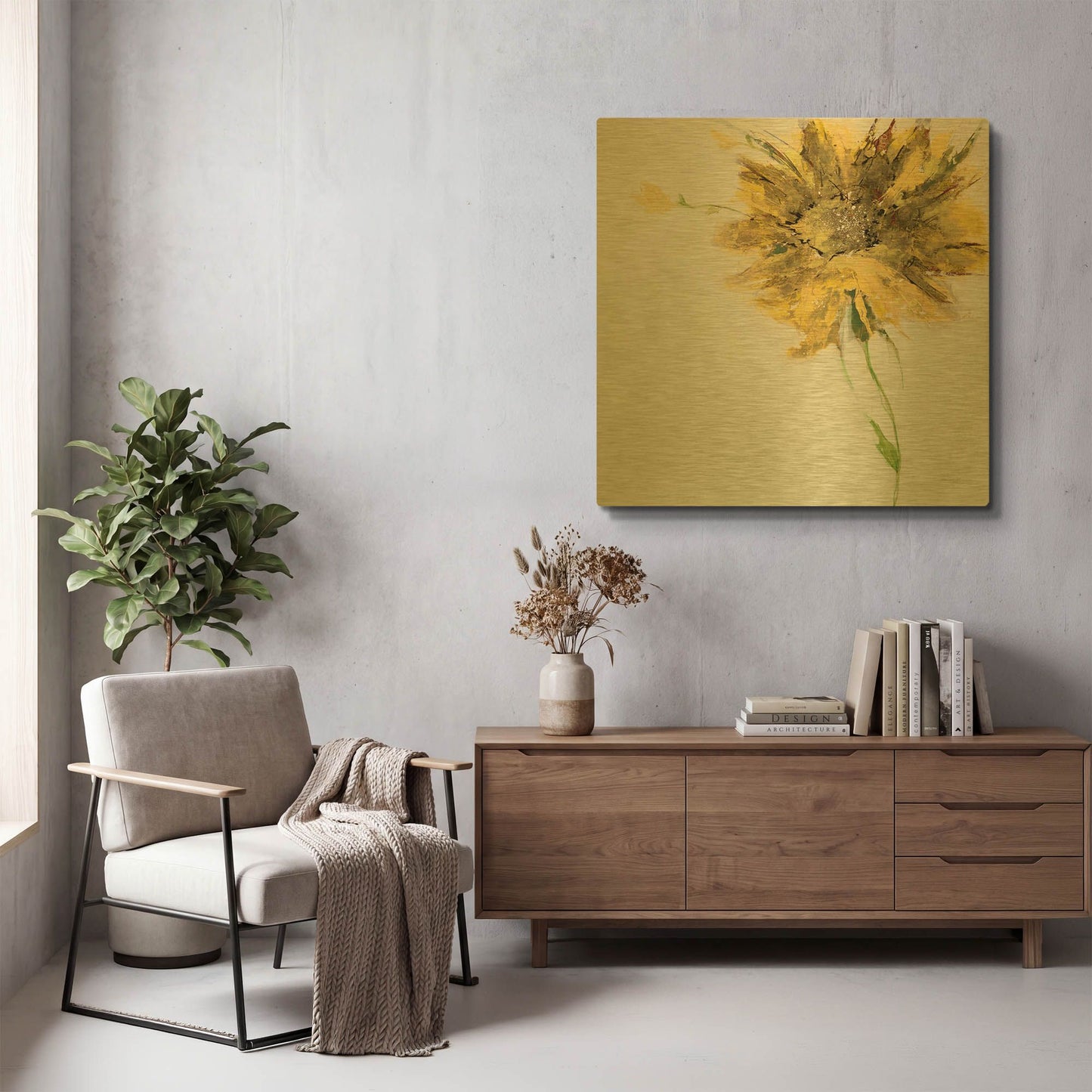 'Yellow Daisy on White' By Jan Griggs Gold Metal Wall Art