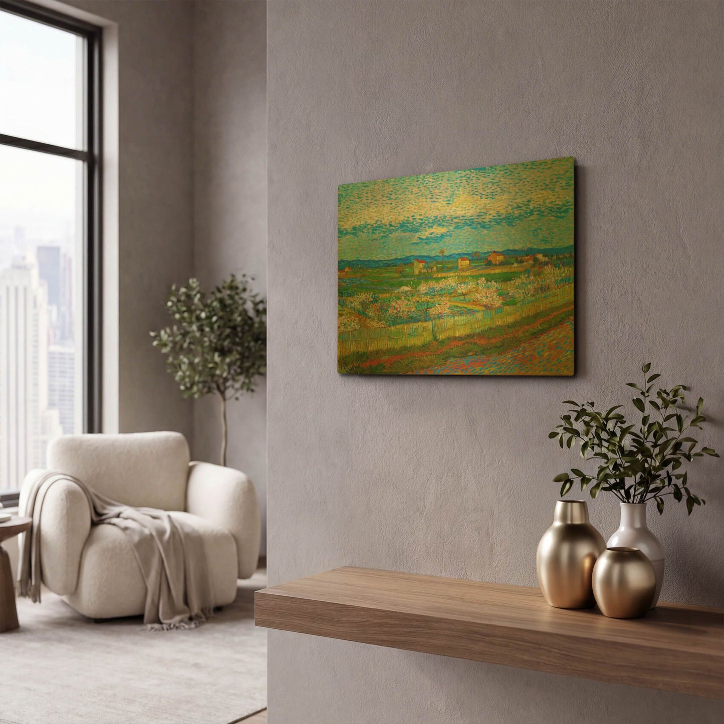 'Peach Trees In Blossom' By Vincent Van Gogh Gold Metal Wall Art