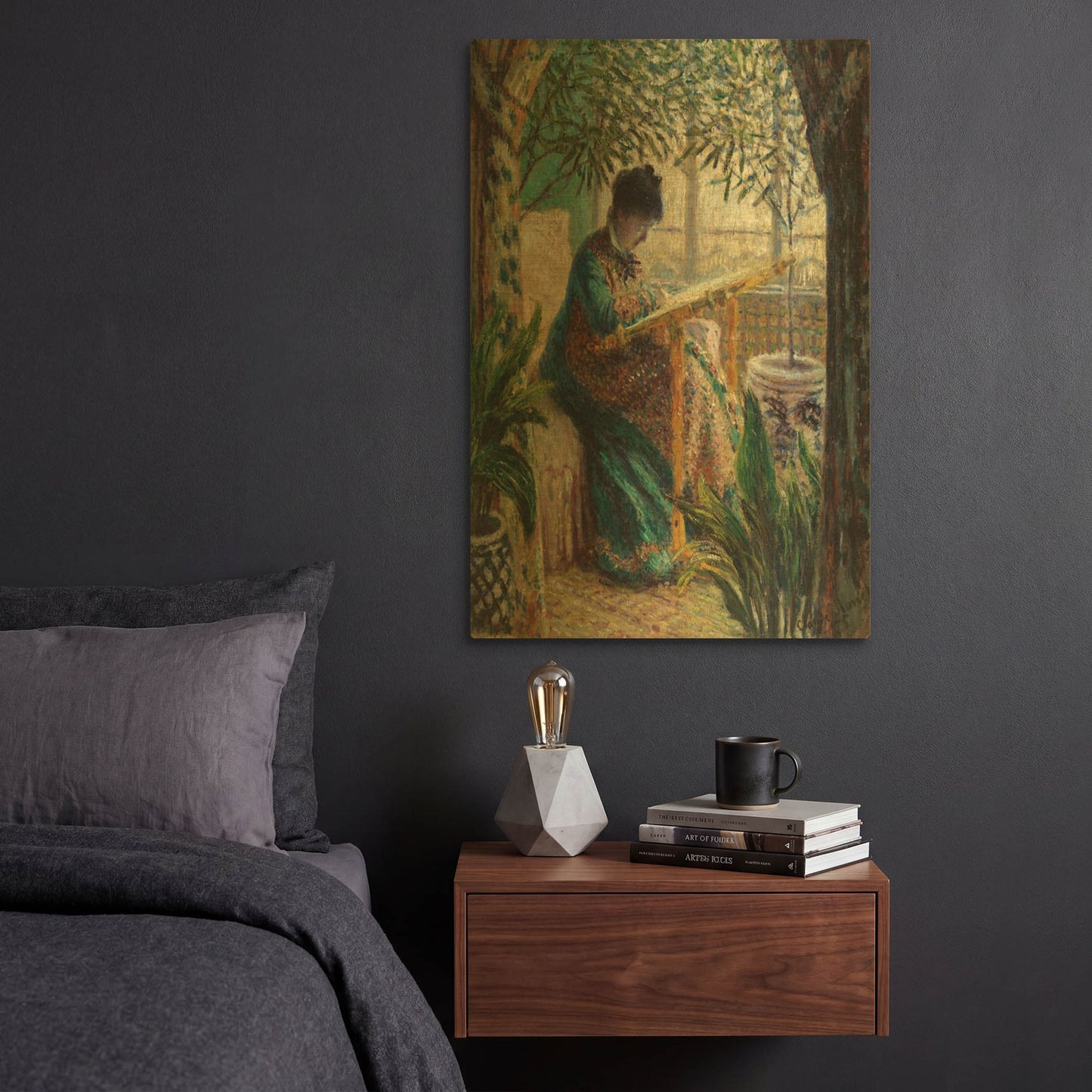 'Madame Monet Embroidering' By Claude Monet Gold Metal Wall Art