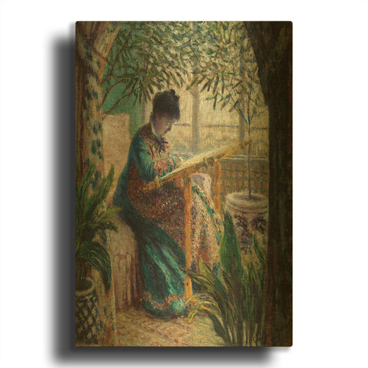 'Madame Monet Embroidering' By Claude Monet Gold Metal Wall Art