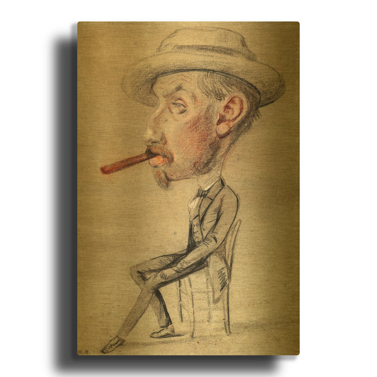 'Caricature Of A Man With A Big Cigar' By Claude Monet Gold Metal Wall Art