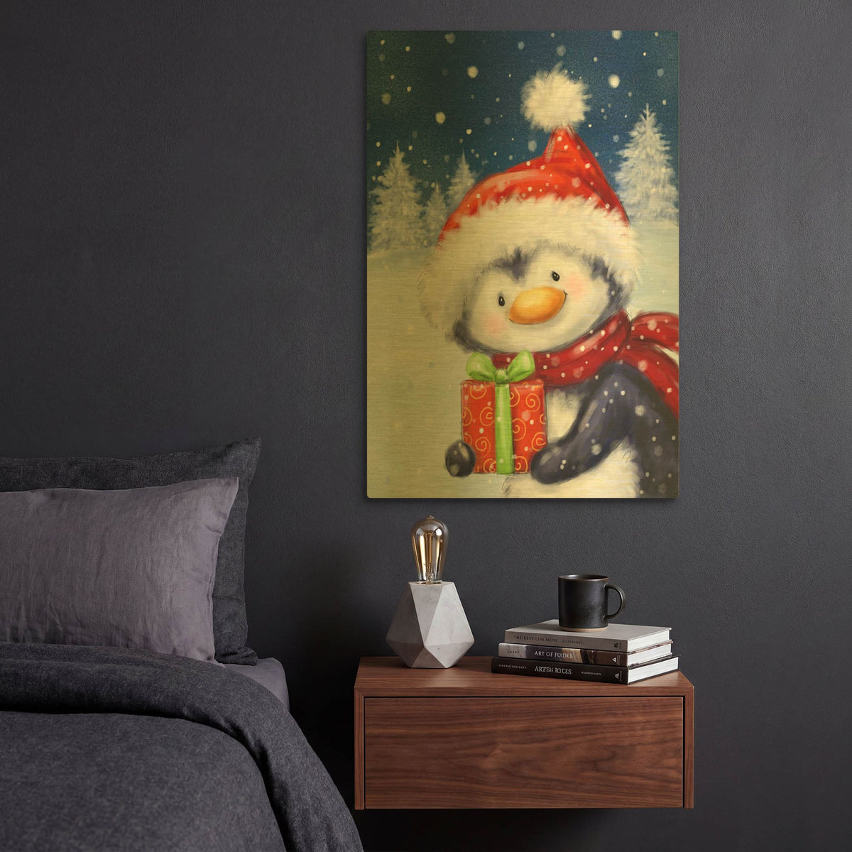 'Penguin With Present' By Makiko Gold Metal Wall Art