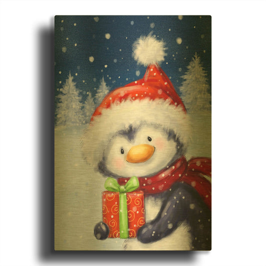 'Penguin With Present' By Makiko Gold Metal Wall Art