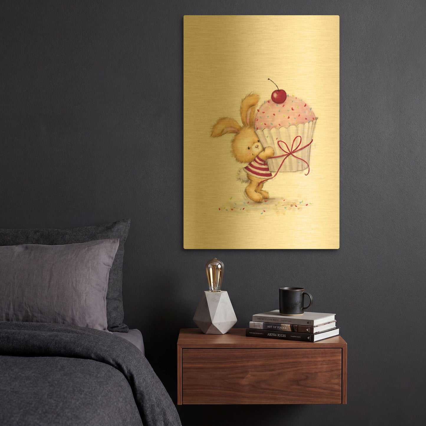 'Rabbit with Big Cake' By Makiko Gold Metal Wall Art
