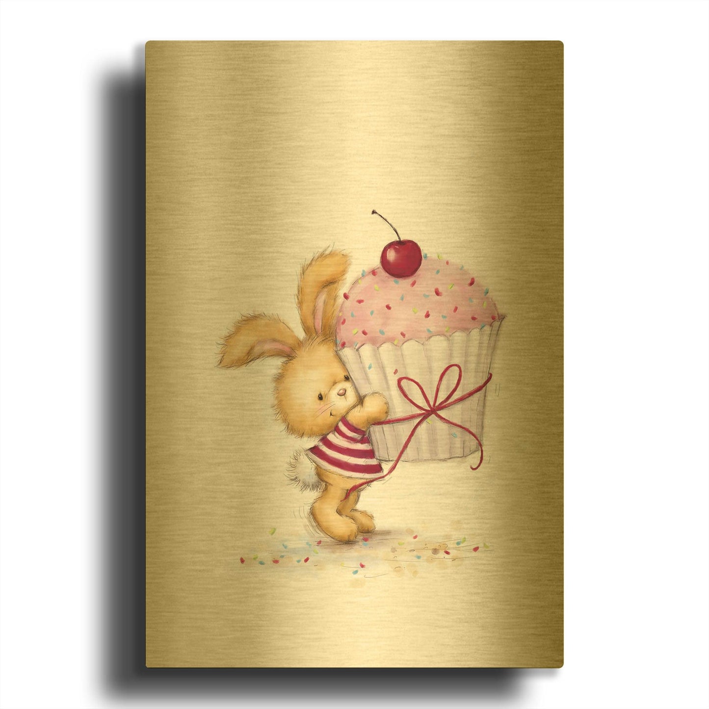 'Rabbit with Big Cake' By Makiko Gold Metal Wall Art