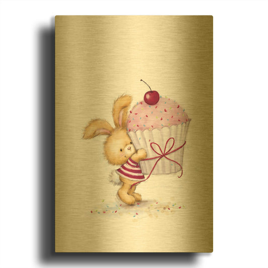 'Rabbit with Big Cake' By Makiko Gold Metal Wall Art