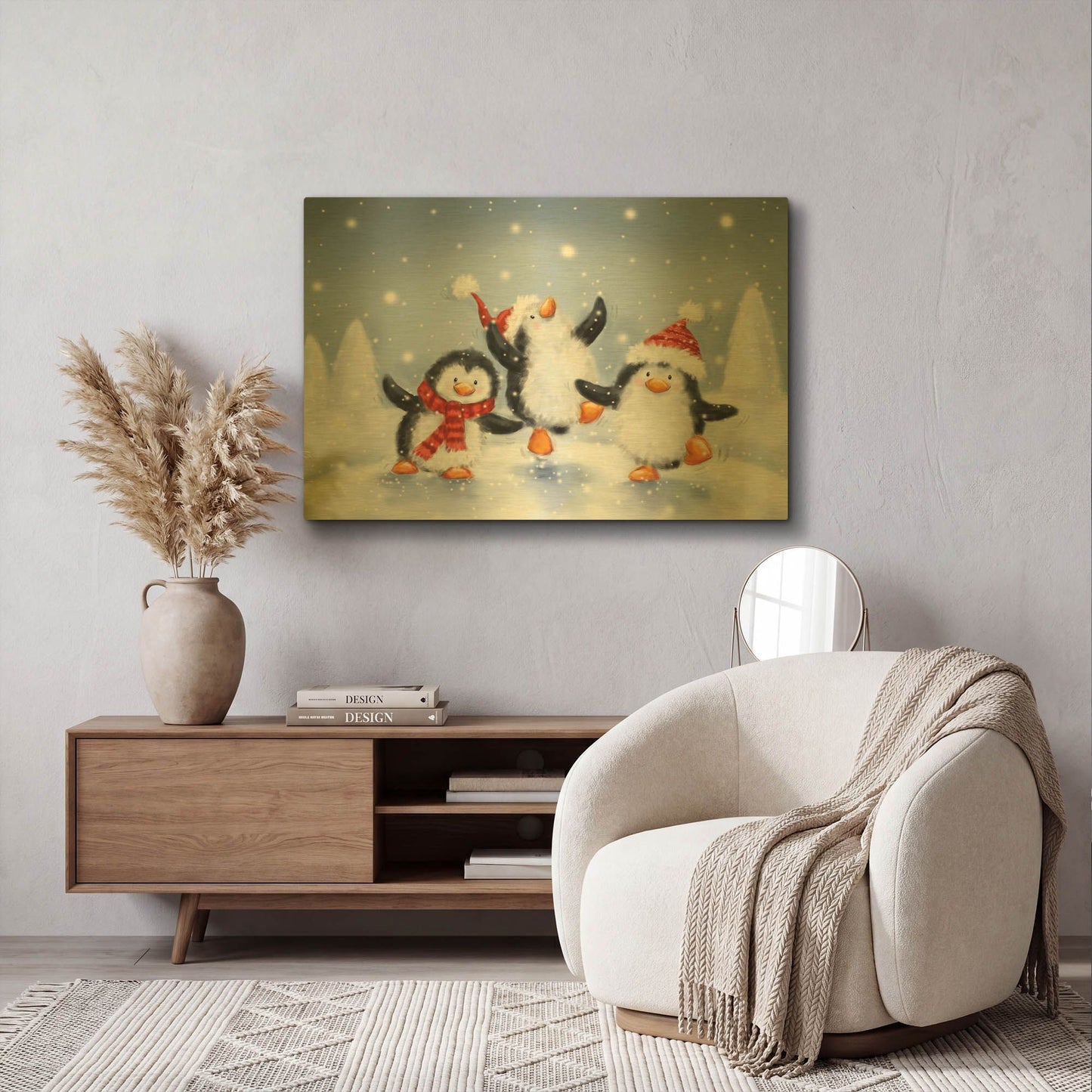 'Three Penguins' By Makiko Gold Metal Wall Art