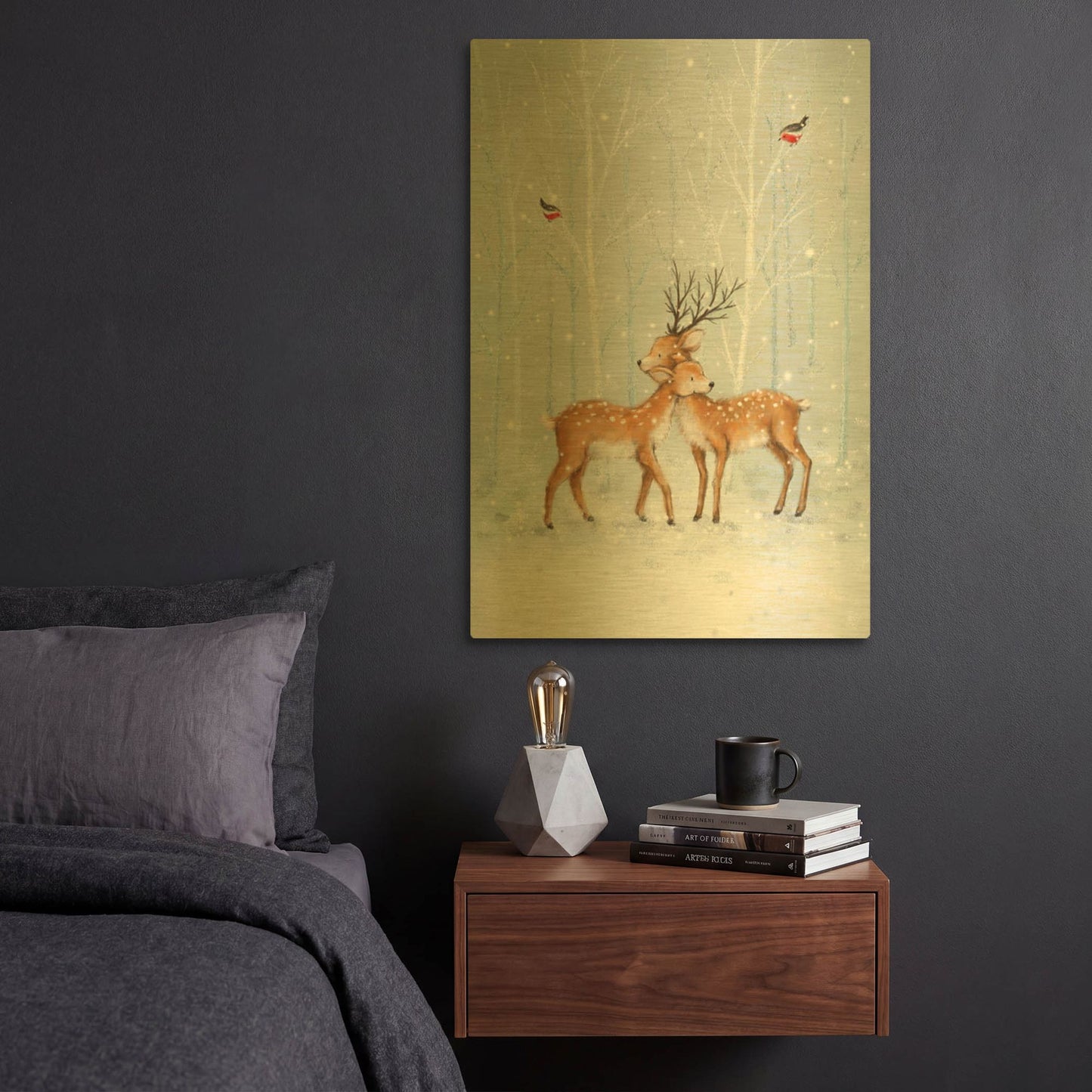 'Deer Couple in Wood' By Makiko Gold Metal Wall Art