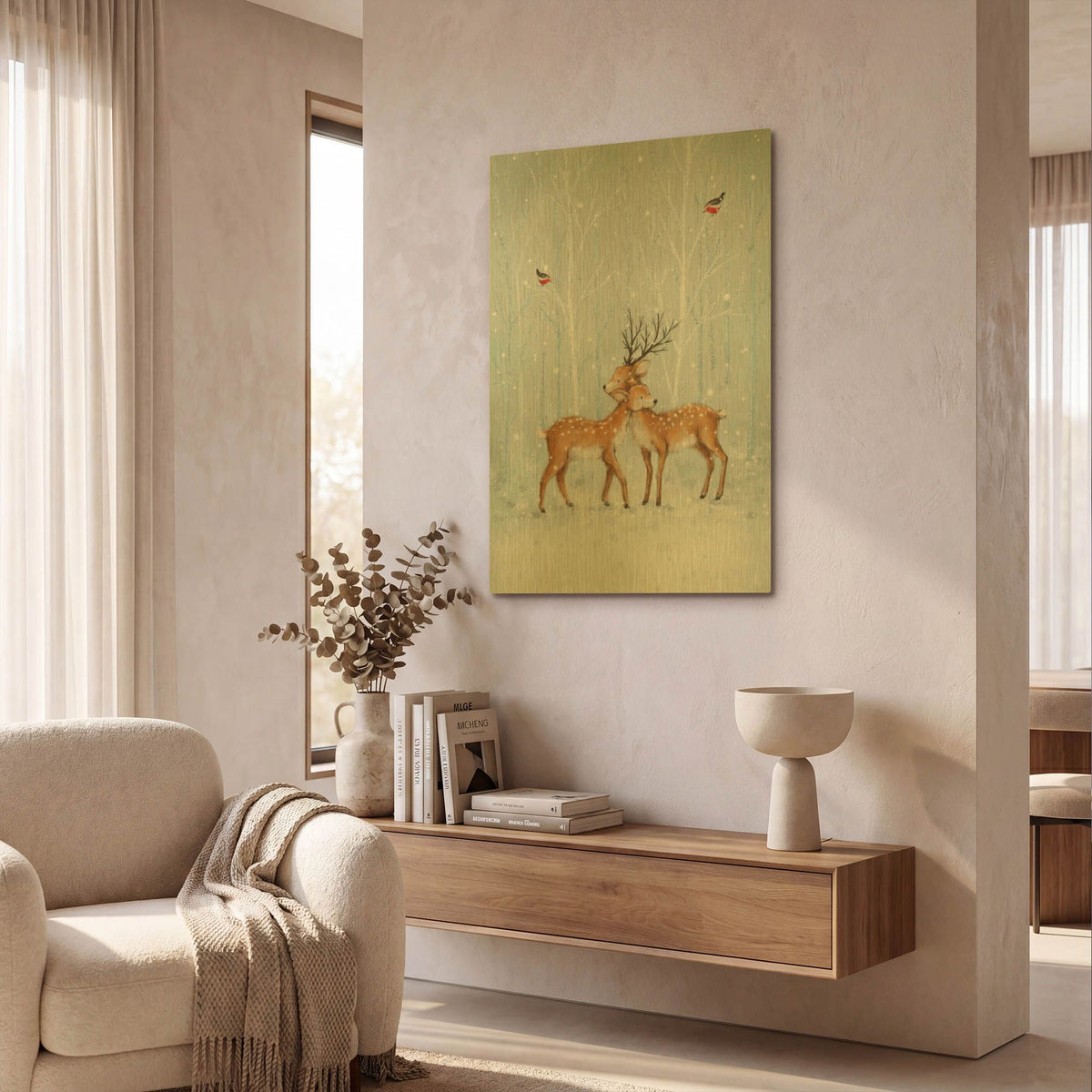 'Deer Couple in Wood' By Makiko Gold Metal Wall Art