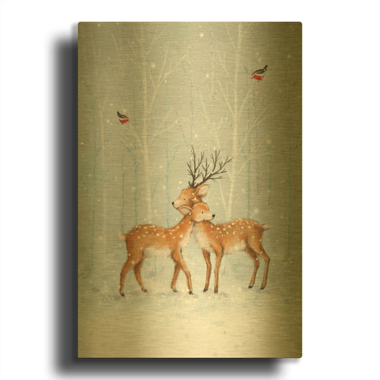 'Deer Couple in Wood' By Makiko Gold Metal Wall Art