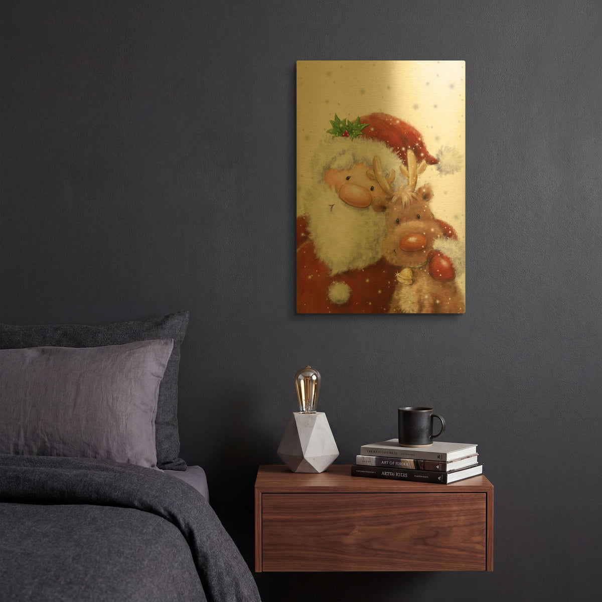 'Santa and Reindeer 4' By Makiko Gold Metal Wall Art