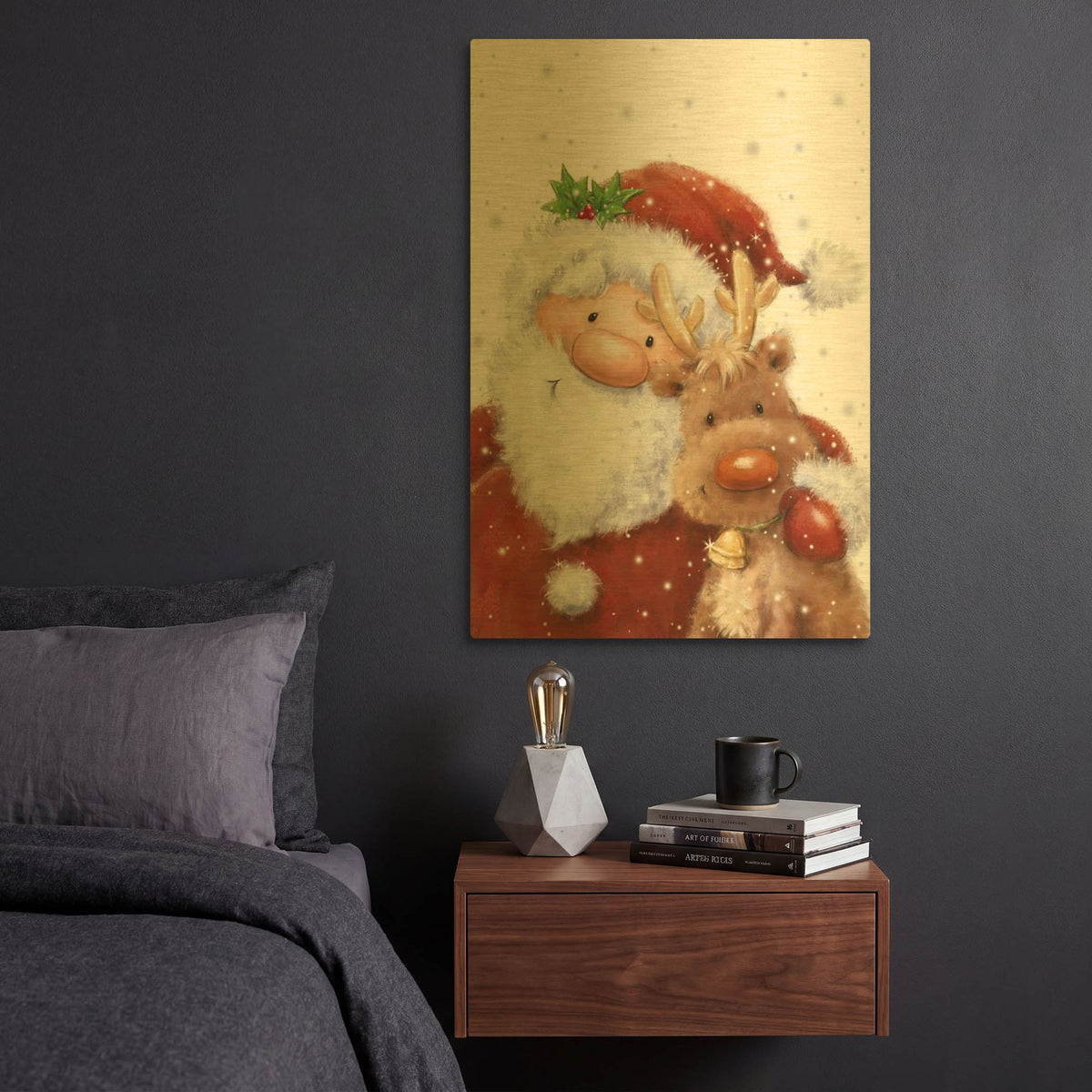 'Santa and Reindeer 4' By Makiko Gold Metal Wall Art