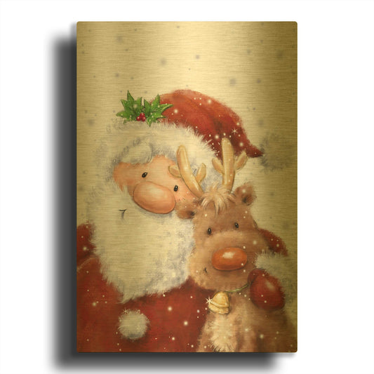 'Santa and Reindeer 4' By Makiko Gold Metal Wall Art