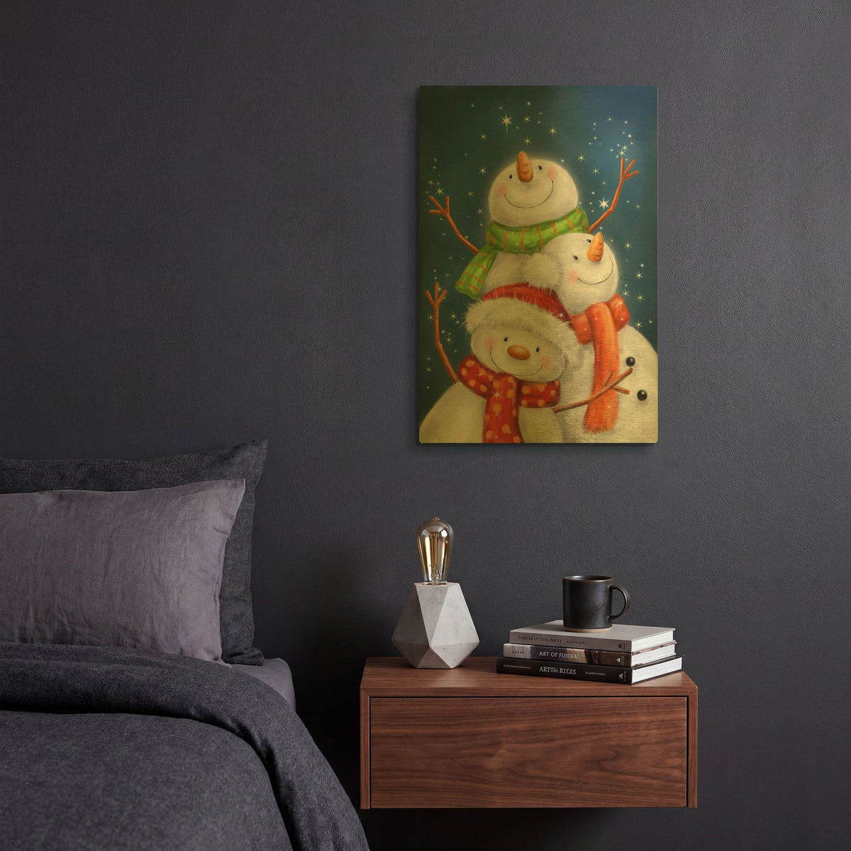'Three Snowmen Blue Background' By Makiko Gold Metal Wall Art