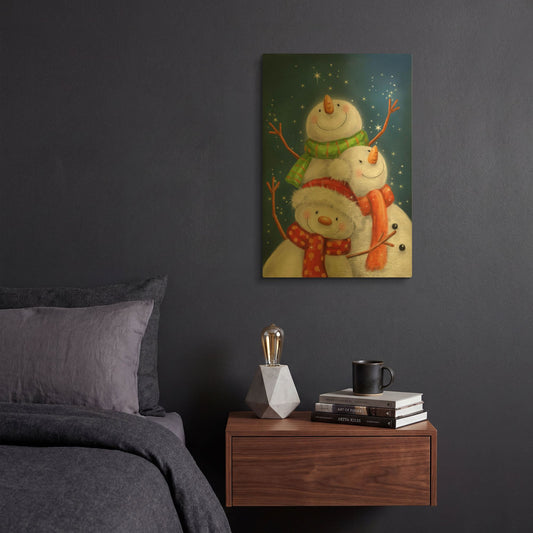 'Three Snowmen Blue Background' By Makiko Gold Metal Wall Art