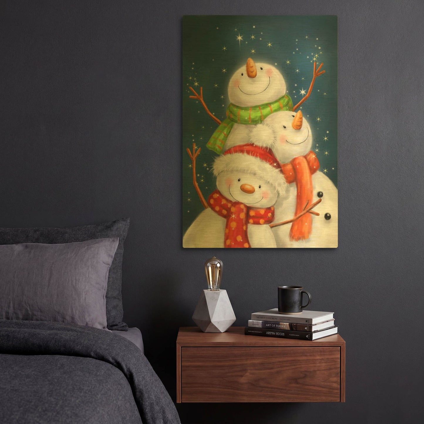'Three Snowmen Blue Background' By Makiko Gold Metal Wall Art