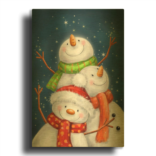 'Three Snowmen Blue Background' By Makiko Gold Metal Wall Art