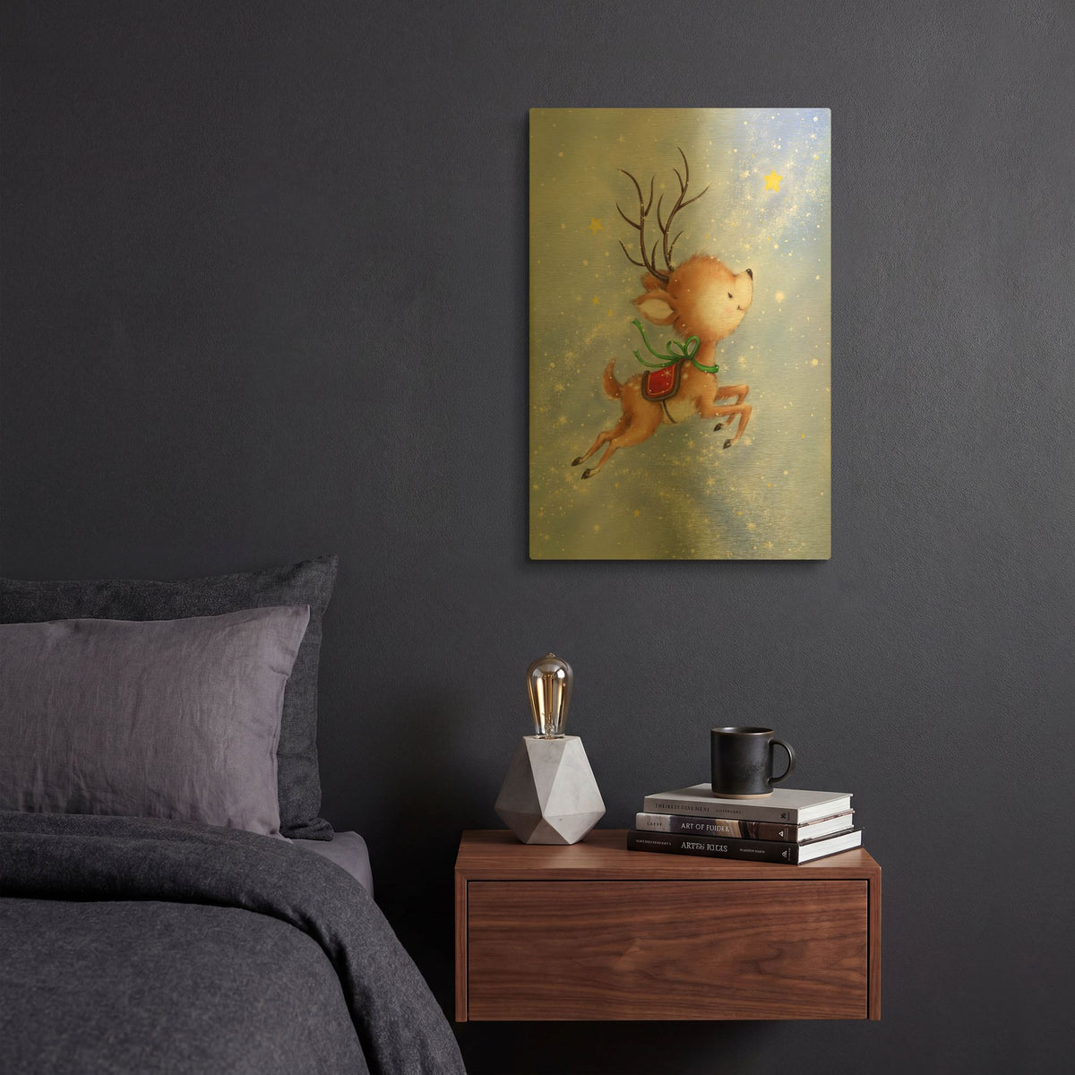 'Flying Rudolph' By Makiko Gold Metal Wall Art