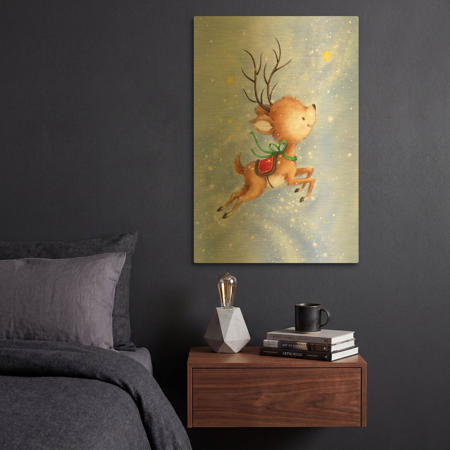 'Flying Rudolph' By Makiko Gold Metal Wall Art
